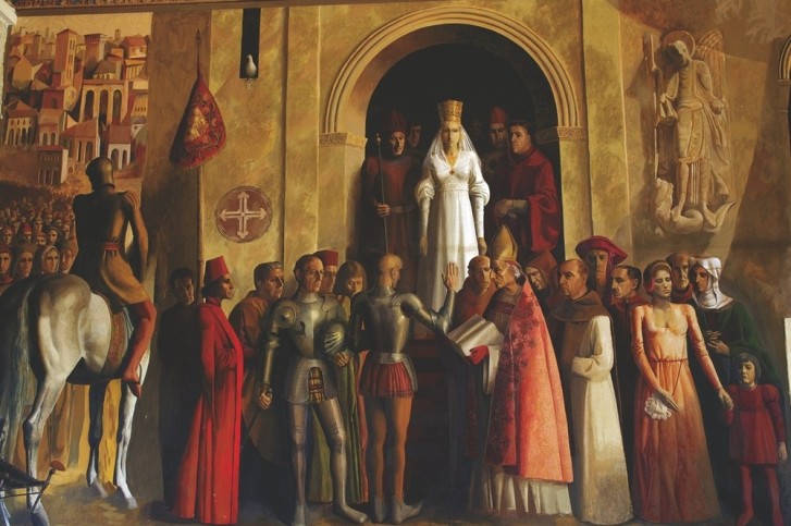 Pintura mural que representa la coronación de Isabel la Católica en la iglesia de San Miguel, plaza mayor de Segovia. Alcázar de Segovia.