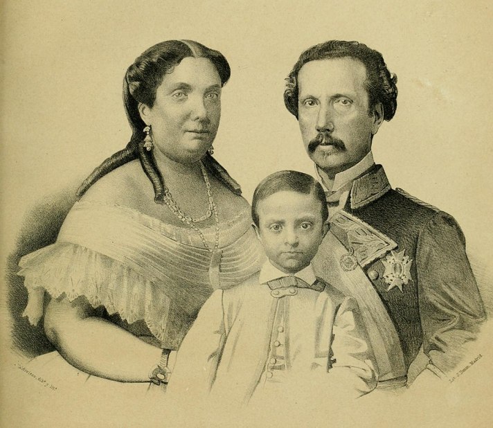 Retrato del príncipe Alfonso con una edad de unos siete años junto a su madre Isabel II y su padre putativo Francisco de Asís de Borbón.